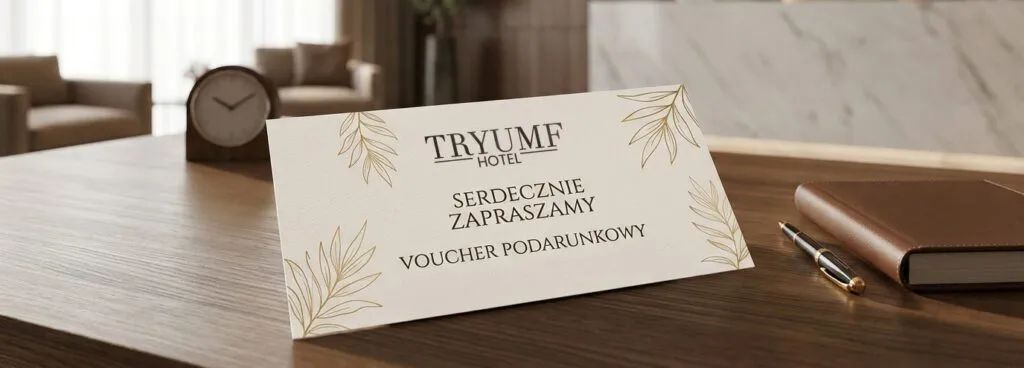 Elegancki voucher podarunkowy Hotelu Tryumf ze złotymi zdobieniami roślinnymi, leżący na drewnianym stole obok zegara, pióra i notatnika w jasnym wnętrzu.