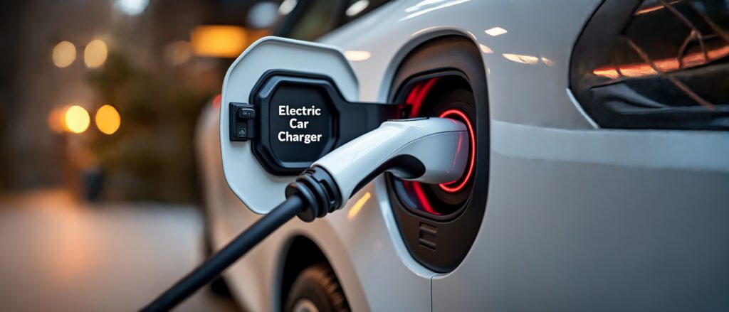 Ładowarka samochodu elektrycznego z kablem podłączonym do białego auta